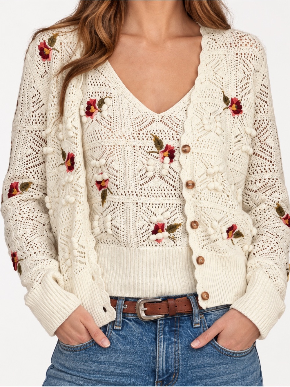 Sundance Ethereal Cream Crochet Cardigan & Tank with Floral Embroidery SZ Med